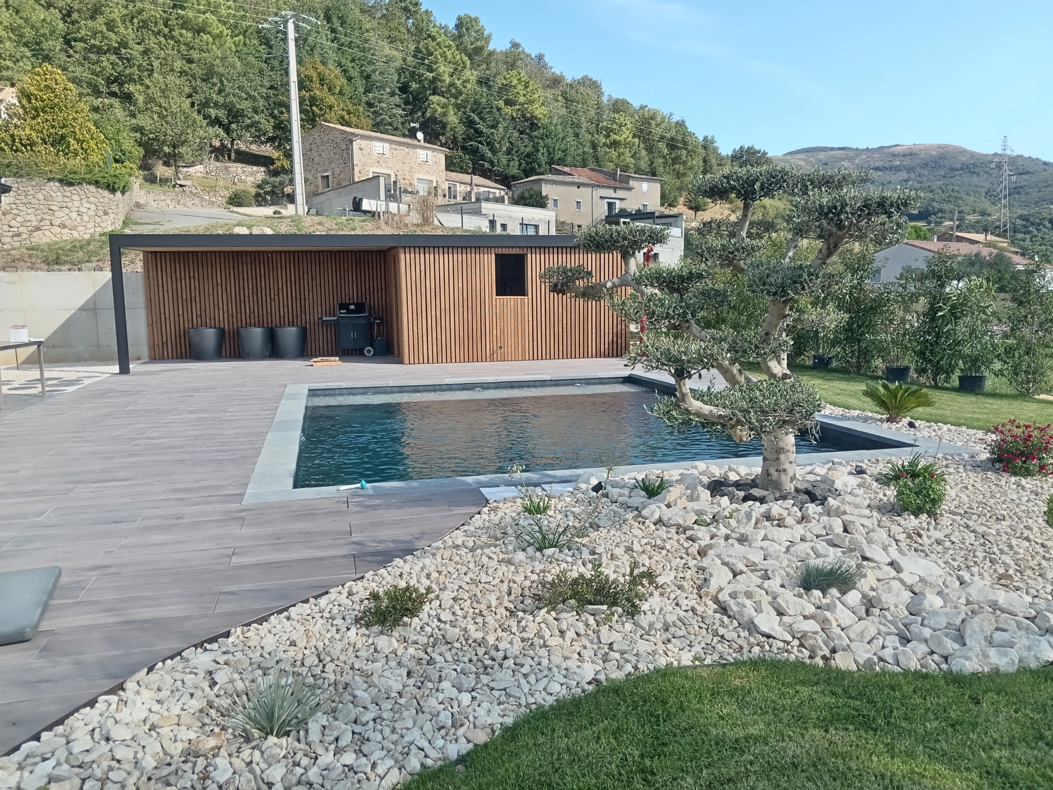 Piscine lagon Biodesign aux formes naturelles, intégrée dans un jardin méditerranéen