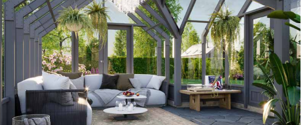 Jardin d’hiver Palmako en bois et verre intégré dans un aménagement paysager par Florasol en Ardèche et Drôme