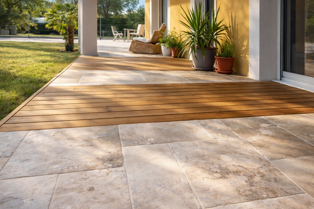 Terrasse en pierre naturelle et bois réalisée par Florasol