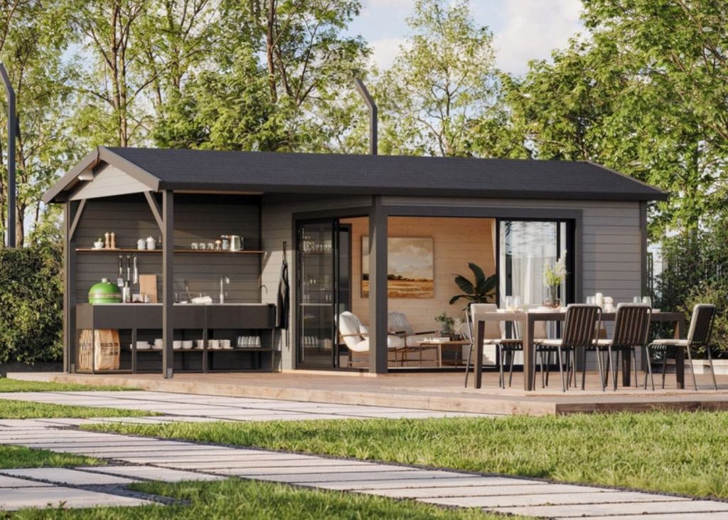 Studio de jardin en bois Palmako avec cuisine d’été et terrasse en Ardèche – installation Florasol
