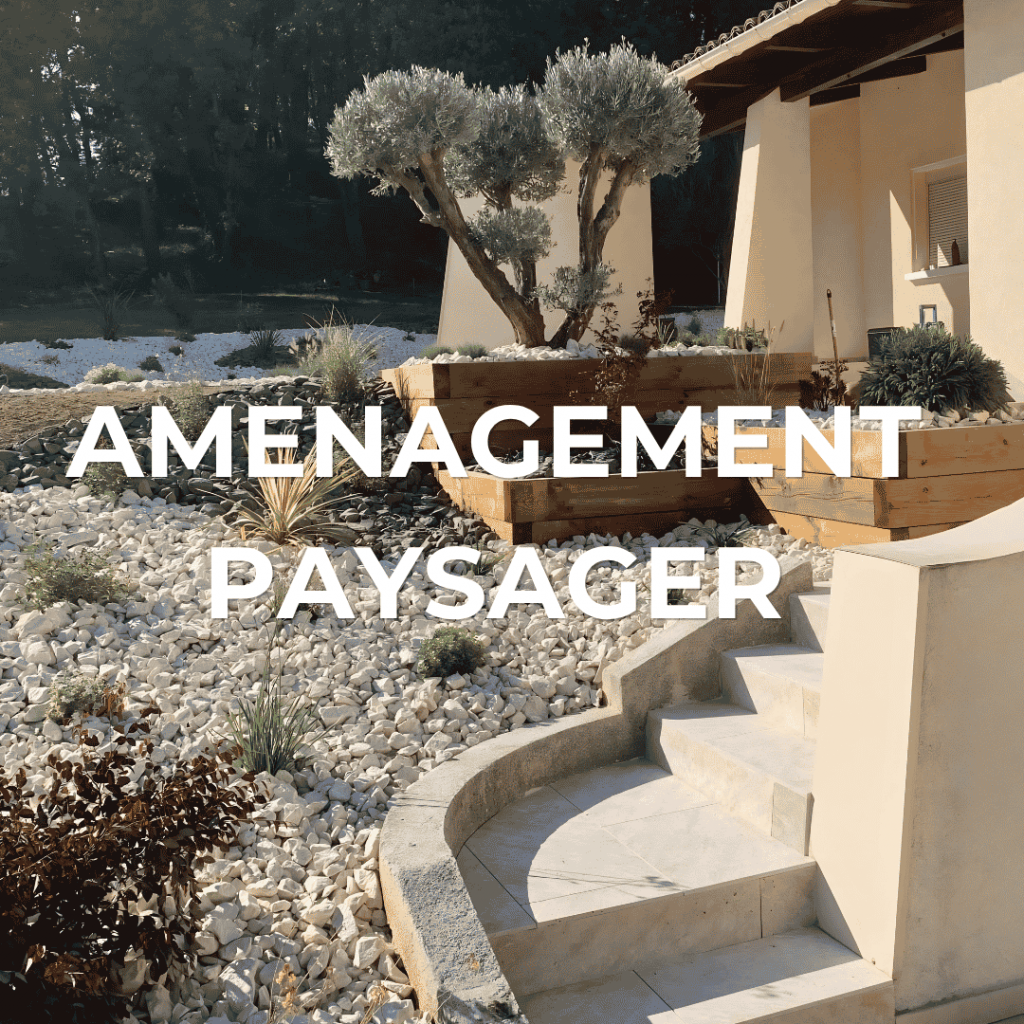 Aménagement paysager contemporain réalisé par Florasol avec massifs minéraux, oliviers et escaliers en pierre naturelle en Ardèche.