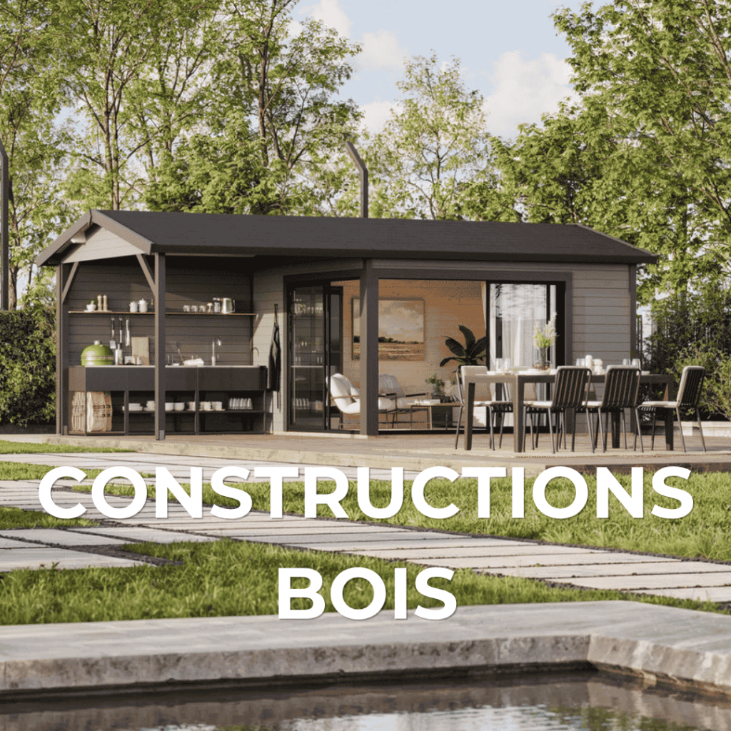 Studio de jardin Palmako avec terrasse en bois installé par Florasol en Ardèche.