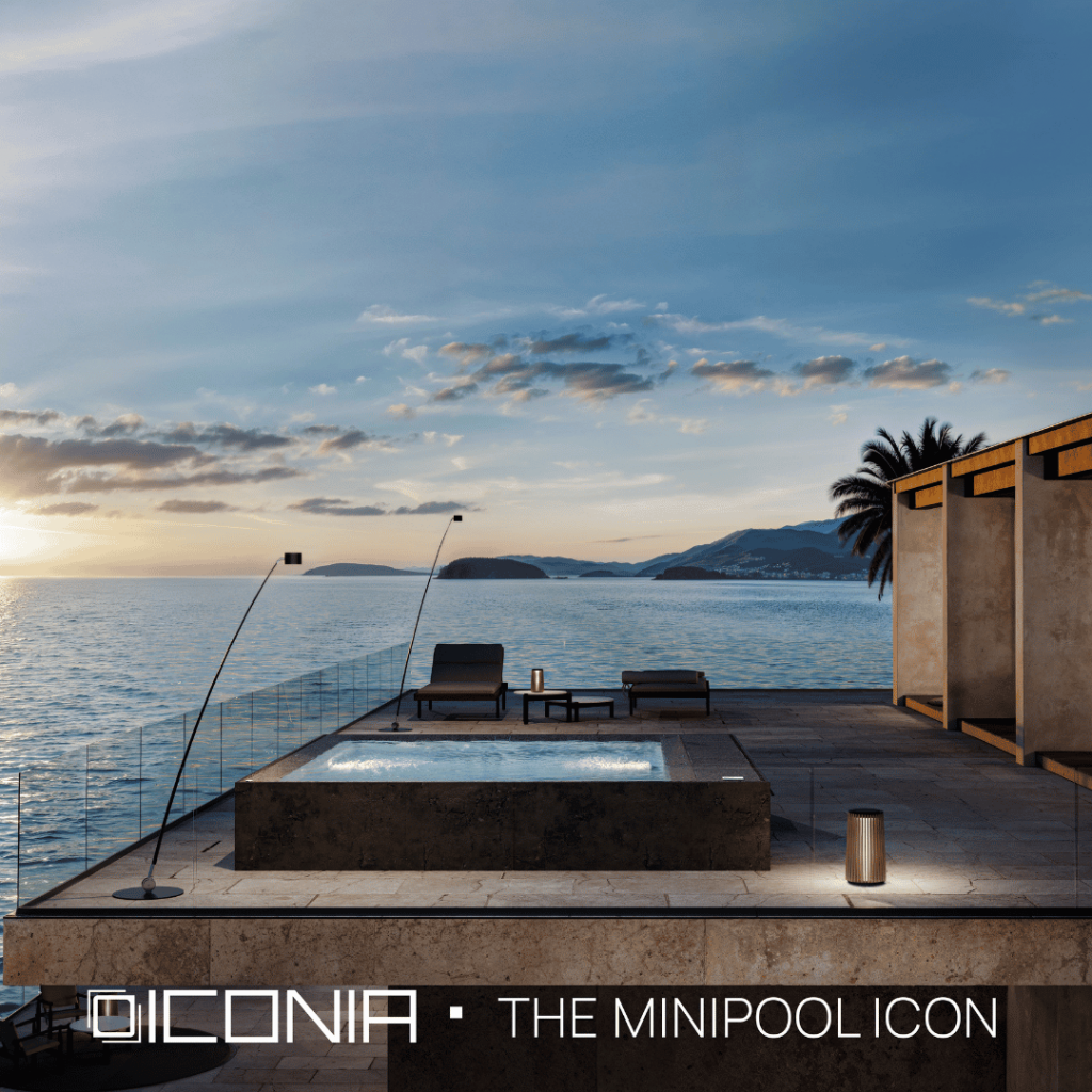 Mini-piscine design contemporaine installée sur un toit-terrasse avec vue panoramique sur la mer, idéale pour les espaces urbains haut de gamme.
