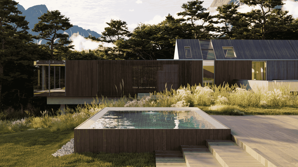 Mini-piscine contemporaine installée dans un jardin paysager devant une maison moderne