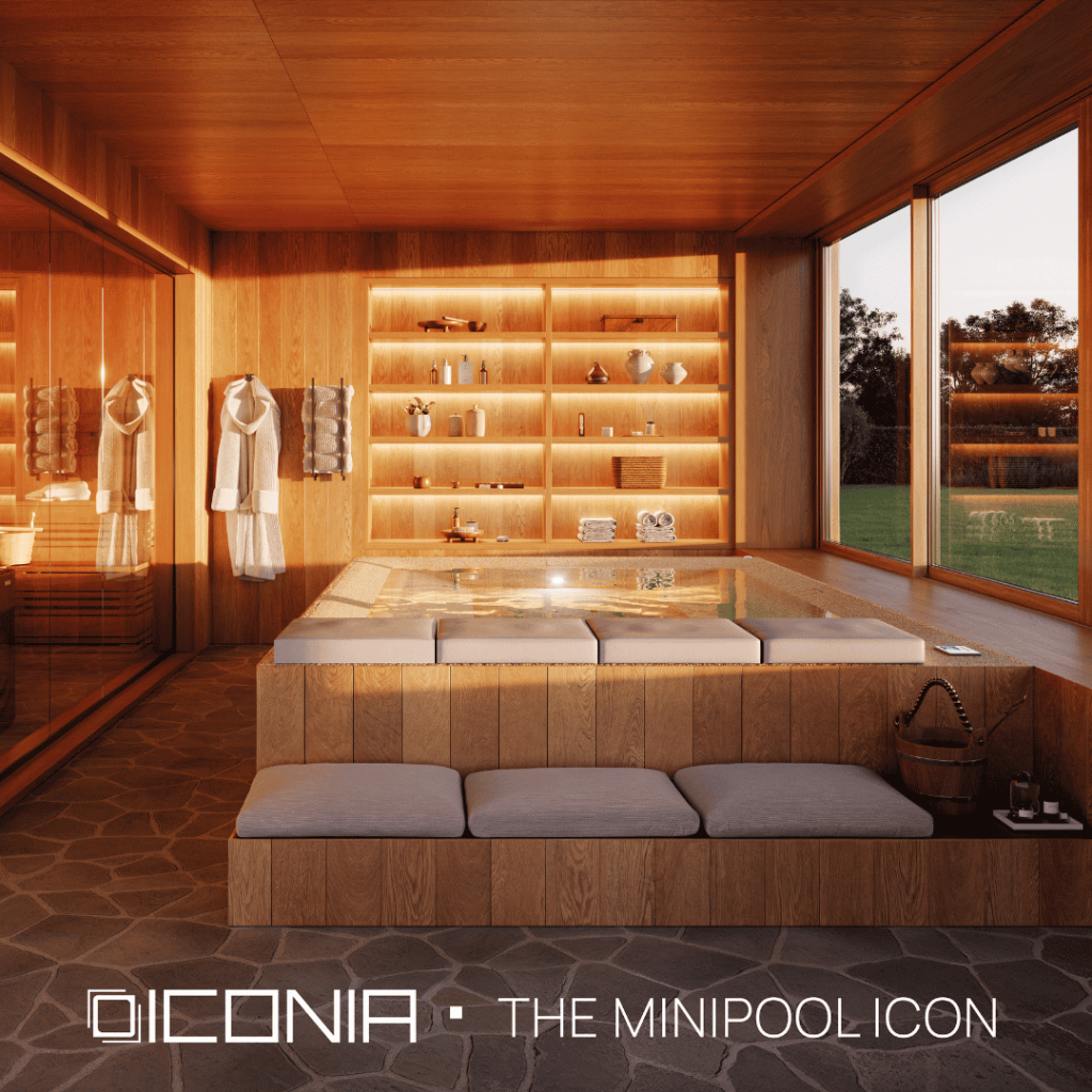 Mini-piscine intérieure design installée dans un espace bien-être, spa contemporain avec grandes baies vitrées