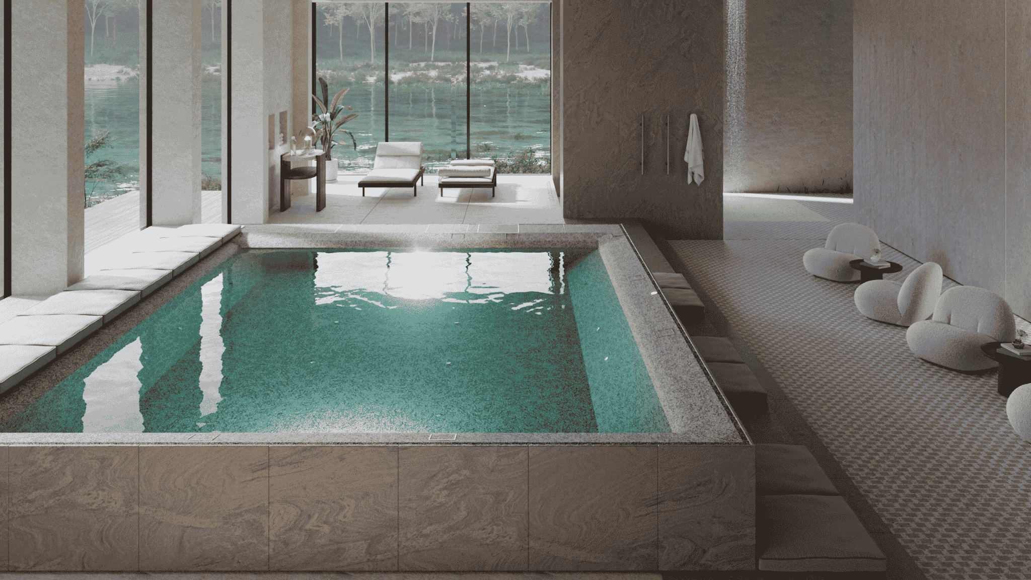 Mini-piscine intérieure design avec banquettes immergées, intégrée à un espace bien-être contemporain dans une maison d'architecte.
