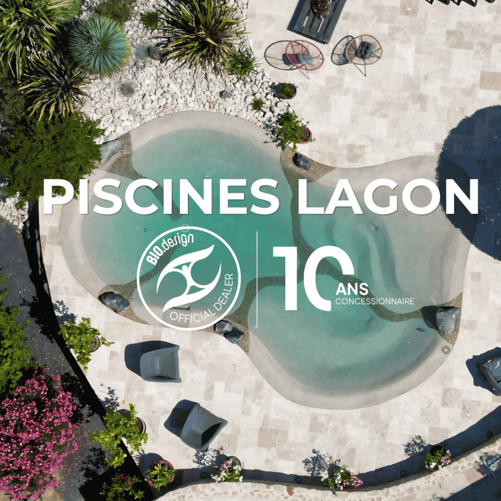 Piscine lagon Bio.design sur mesure réalisée par Florasol en Ardèche avec plages minérales et formes naturelles.