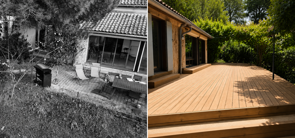 Avant après d'une terrasse en bois Thermopin Grad avec escalier intégré réalisée par Florasol sur un terrain en pente en Ardèche.