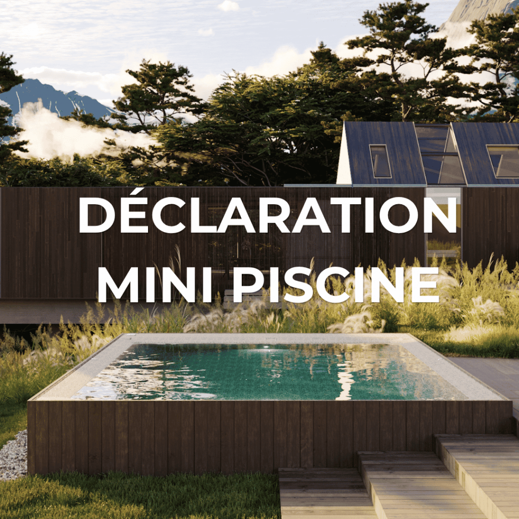 Mini-piscine moderne installée dans un jardin avec le texte « Déclaration mini-piscine », illustrant les démarches administratives et la déclaration préalable avant l'installation.