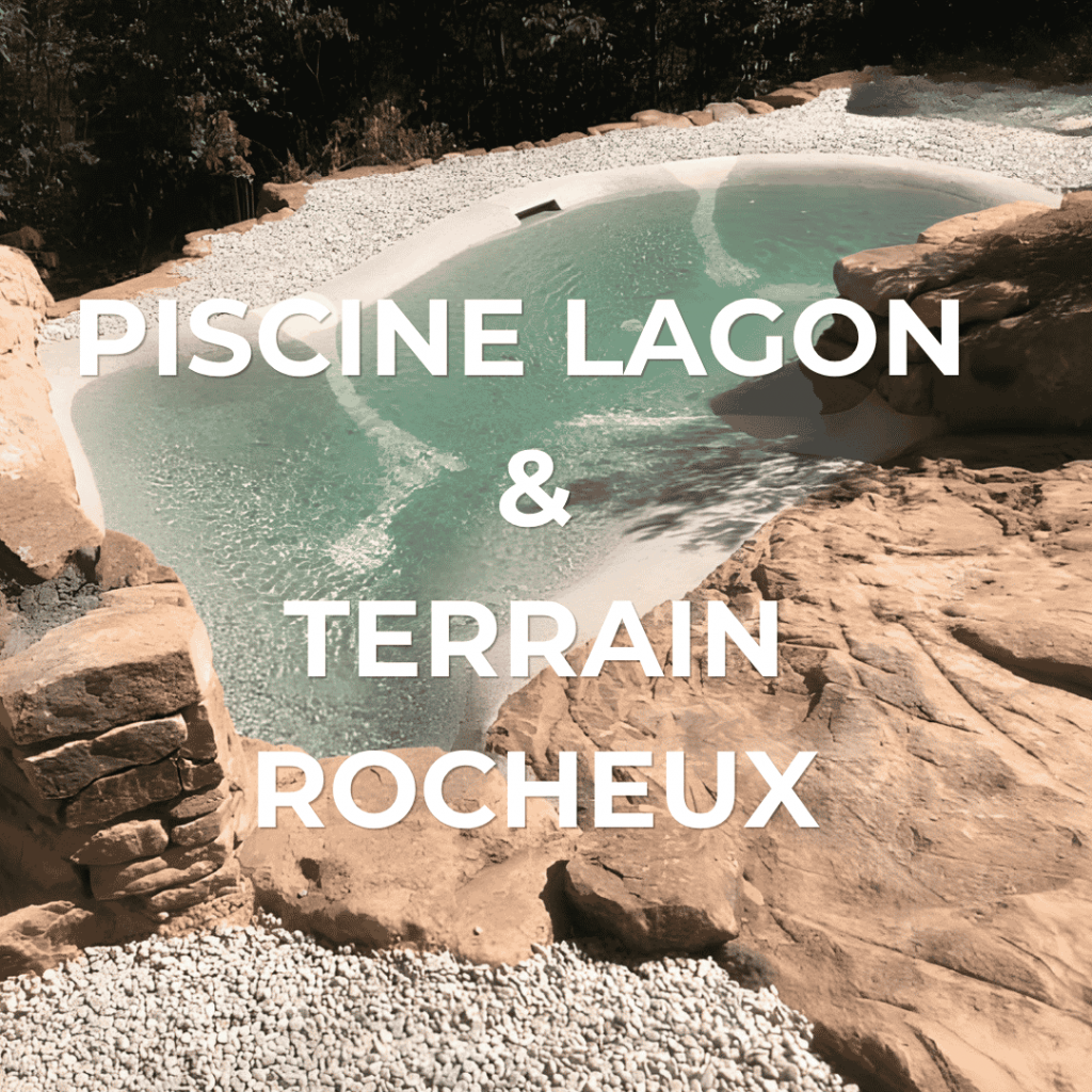 Piscine lagon Bio.design parfaitement intégrée dans un terrain rocheux naturel en Ardèche