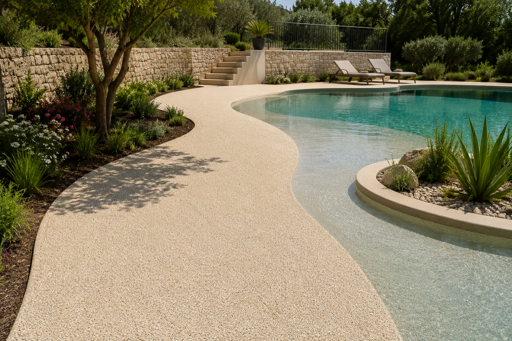 Revêtement drainant Qualirain® autour d'une piscine avec plage minérale perméable, idéal pour les terrasses, allées et cheminements extérieurs.