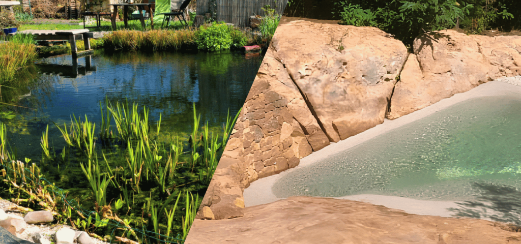 Comparatif entre une piscine naturelle à filtration biologique et une piscine lagon Bio.design intégrée dans la roche naturelle afin de comparer leur esthétique, leur fonctionnement et leur confort de baignade.