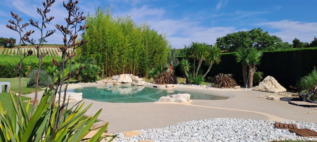 Piscine lagon entourée de bambous, végétaux et aménagement paysager