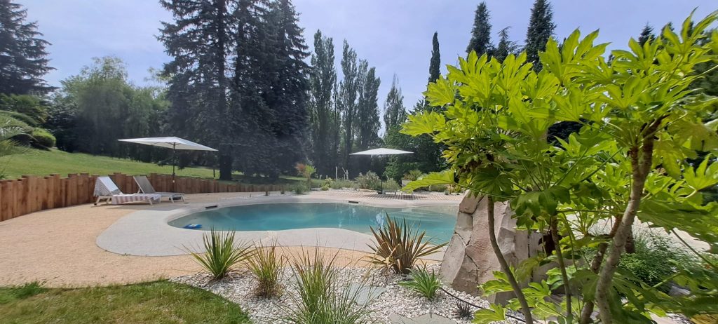 Aménagement paysager autour d’une piscine lagon avec végétation