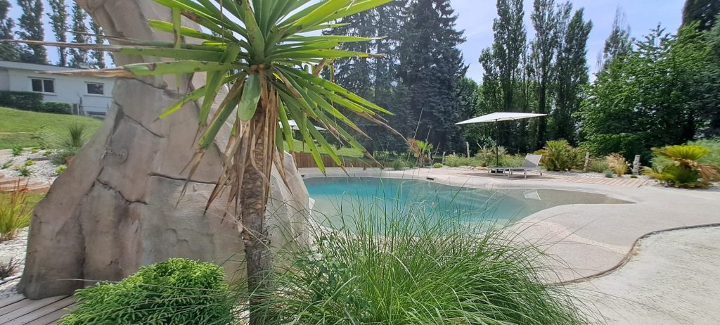 Piscine lagon intégrée dans un jardin paysager avec plantations
